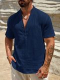 AIDASE  -  Men's Linen Blend Henley Shirt Short Sleeve V Neck Casual Summer Beach Top aidase-shop