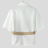 AIDASE  -  Men Shirt Patchwork Lapel Short Sleeve Lace Up Casual Men Clothing With Belt Streetwear 2025 Fashion Male Shirts Tops aidase-shop