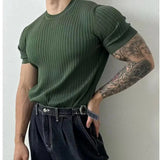Aidase Summer New Men Thin Knitted T Shirts Slim Fit Elastic Short Sleeve O Neck Tee Fashion Solid Color Ribbed Muscle T-shirt Male