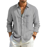 AIDASE  -  Men's Linen Texture Long Sleeve Shirt Light Blue Casual Button Down Shirts with Pocket Summer Old Money Style Breathable Tops aidase-shop
