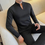 AIDASE  -  New Chinese Solid Color Slim and Simple Men's T-shirt Stand Collar Elastic Casual V-neck T Base Shirt aidase-shop
