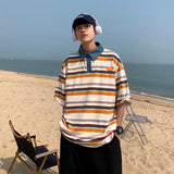 Aidase Japanese Harajuku Style Street Color-blocked Striped Short-sleeved Lapel Shirts Men Women Trendy Hip-hop Loose Casual T-shirts aidase-shop