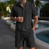 AIDASE  -  Men's 2 Piece Linen Textured Short Set Henley Neck Shirt Drawstring Shorts Casual Beach Outfit with Decorative Stitching aidase-shop