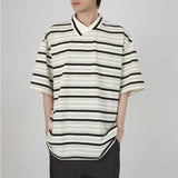 AIDASE  -  Summer Vertical Striped POLO Shirt Irregular Neckline Design Short-sleeved Top Unisex Contrasting Striped T-shirts Elegant Wear aidase-shop