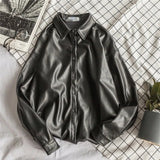 AIDASE  -  Unisex Leather PU Shirts High Street Men Women American High-end High-street Long-sleeve Loose Couple Jackets Preppy aidase-shop