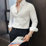 Aidase Men's New Long Sleeve Dark Stripes, Business Casual Lapels Top, Navy Blue Gentleman Banquet Shirt, Non-Ironing Treatment aidase-shop