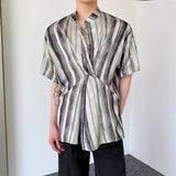 AIDASE  -  Painting Stand Collar Men's Shirt Contrast Color Short Sleeve Korea Fashion Male Tops Pleated Design