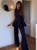 AIDASE  -  Ruffle Top Pant Sets Women Elegant Dark Blue O-neck Sleeveless Top High Waist Wide Leg Pants Female Suit 2025 Chic Lady Outfits aidase-shop