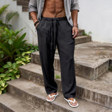 AIDASE  -  Men's Casual Solid Color Linen Feel Drawstring Wide Leg Pants Beach Trousers aidase-shop