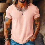 AIDASE  -  Classic Ripped O Neck Short Sleeve T Shirt Men Summer Casual Solid Color Loose T-shirts Mens Daily Leisure Pullover Tops aidase-shop