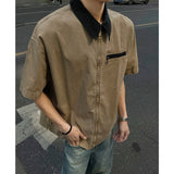 AIDASE  -  New Stylish Men's Shirt Short Sleeve Lapel Patchwork Collar Male Zipper Shirts Washed Summer Men Clothing Loose Fit aidase-shop