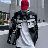 AIDASE  -  Japanese Color Block Jacket for Men Letters Embroidered PU Coats Stand Collar Cuffs Zippered Fake Leather Motorcycle Racing Suit aidase-shop
