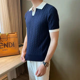 Aidase Spring Summer Fashion Elegant Flip Neck Tees Knitted Casual Versatile Western Commuter Clothing Loose Solid Men's Polo Shirts