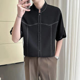 AIDASE  -  Summer New Stand Up Ice Silk Men's Mid Sleeved Shirt Solid Color Stand Collar Male Tops New Korea Fashion