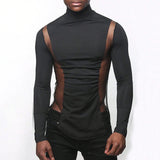 Aidase Mens Sexy Tight-Fitting Sports Fitness Mesh Long-Sleeved Tops Autumn Nightclubs Perspective Stitching Stretch Turtleneck Tops aidase-shop