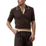 AIDASE  -  Outdoor Casual Mens Slim Knit Polo Shirts Summer Stylish Striped Patchwork Knitting Polo Shirt Men Short Sleeve Polo Neck Tops aidase-shop