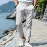 AIDASE  -  Men's Linen Blend Slim Fit Tapered Pants Summer Breathable Casual Trousers with Button Fly aidase-shop