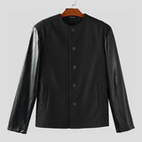 AIDASE  -  Men Jackets PU Leather Patchwork O-neck Long Sleeve Button Male Coats Streetwear 2025 Fashion Casual Jackets Men S-5XL aidase-shop