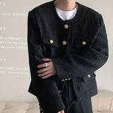 Aidase Korean Style Fashionable Tweed Round Neck Jacket Men Japanese Trendy High-end Single-breasted Short Jacket with Temperament