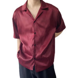 Aidase Summer Men's Stylish Shirt Cuban collar Satin Silk Wine Red Dress Shirts Short Sleeve Tops Wedding Prom Party Holiday Blouse Man