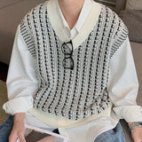 Aidase Black White V Neck Sleeveless Waistcoat Knit Sweater Male Vest Graphic Men's Clothing Casual Tops Wholesale Trend Sheap