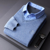 Men Sweaters Shirts Pullovers Fake Two-Pieces Shirts Knitwear Fleece Warm Sweaters Male Business Casual Pullovers Sweaters 4XL aidase-shop