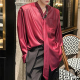 AIDASE  -  Summer Men's Shirt Korean Style Ribbon Bright Silk Smooth Solid Color Long Sleeve Men Shirts Fashion New Top Red 9W2765 aidase-shop