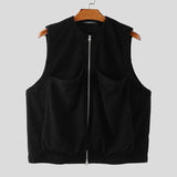 AIDASE  -  Men Vests Solid Color Sleeveless Zipper Casual Male Waistcoats Streetwear Loose 2025 Pockets Fashion Corduroy Vests Men aidase-shop