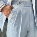 Aidase Sky Blue Seersucker High Waist Straight Pants British Petty Bourgeoisie Blue Stripe Italian Casual Trouser Men Pantalones Hombre aidase-shop