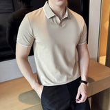 Aidase Business Casual Solid Color Men's Polo Shirt, 2024 Summer Classic, Men Short Sleeve V-neck T-shirt, Slim Fit Spliced Polo 4XL-M aidase-shop