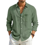 AIDASE  -  Men's Linen Texture Long Sleeve Shirt Light Blue Casual Button Down Shirts with Pocket Summer Old Money Style Breathable Tops aidase-shop
