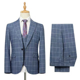 Aidase Business Fit Blue Plaid Striped Men's Suit 3-piece Best Man Wedding Dress  Men Clothing  Suit Men
