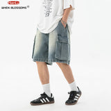 Aidase Korean Fashion Men's Wide Leg Denim Shorts Summer New Fashion Loose Casual Elastic Waist Large Pocket Cargo Men's Jeans Shorts