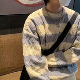 40.41Aidase American High Street Trendy Men and Women Personalized Striped Round Neck Knitted Sweater Couple Loose Retro Simple Casual Top aidase-shop