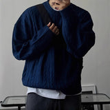 AIDASE  -  Men's Knitting Sweater Spring Autumn 0-neck Long Sleeve Knit Sweater Dark Blue Hemp Pattern Drop Shoulder Thicken Pullover aidase-shop