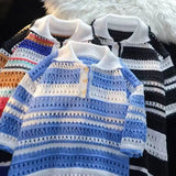 Aidase Dopamine Striped Kint Polo Shirt For Men Vintage Loose Short Sleeve Tops New Fashion Hollow Out knitting Color Blocked Tshirts