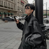 Aidase American Casual Trendy PU Leather Men's Jacket Autumn New Loose Solid Color Stand Collar Male Tops Korea Fashion aidase-shop