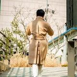 Aidase Men Long Coat Overcoat Solid Color Double Breasted Peaked Lapel Warm Woolen Pockets Business Causal Daily Tailored aidase-shop