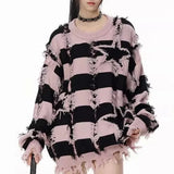 Aidase American Street Fashion Retro Trend Tassel Star Stripe Hole Sweater Unisex Autumn Winter High Quality Casual Loose Warm Sweater