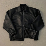 AIDASE  -  Vintage Men's Solid Color Turn-down Collar Long Sleeve Zipper Casual Trendy Loose Simple Basic Faux Leather Jackets Male Coats