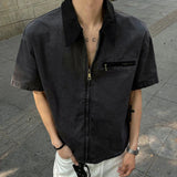 AIDASE  -  New Stylish Men's Shirt Short Sleeve Lapel Patchwork Collar Male Zipper Shirts Washed Summer Men Clothing Loose Fit aidase-shop