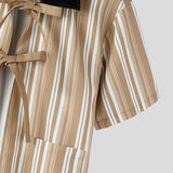 AIDASE  -  Men Shirt Striped Patchwork Lapel Short Sleeve Lace Up Men Clothing Summer Loose Streetwear Fashion Casual Tops Men aidase-shop