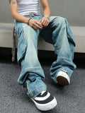 AIDASE  -  Men's Baggy Denim Cargo Pants Multi-Pocket Wide-Leg Jeans Vintage Washed Loose Fit Streetwear Style aidase-shop
