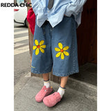 Aidase Summer Daisy Print Denim Shorts Men Aesthetic Y2k Casual Wide Pants Cropped Jeans Low Rise Baggy Jorts Vintage Clothes