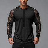 AIDASE  -  Men T Shirt Mesh Patchwork Transparent O-neck Long Sleeve Sexy Casual Male Tee Tops Streetwear 2025 Stylish Camisetas