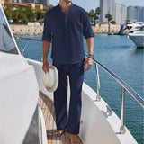 AIDASE  -  Men's Cotton and Linen Shirt Long Pants Two-piece Set Fashionable Henry Collar Long Sleeved Shirt Casual Vacation Beach Pants aidase-shop