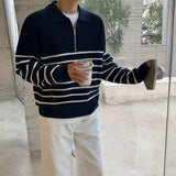 AIDASE  -  Autumn Turn-down Collar Long-sleeved Sweater for Men, Korean Style Loose Retro Casual Half-zip Striped Knitted Shirt Top M-2XL aidase-shop