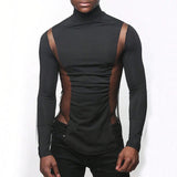 Aidase Mens Sexy Tight-Fitting Sports Fitness Mesh Long-Sleeved Tops Autumn Nightclubs Perspective Stitching Stretch Turtleneck Tops aidase-shop