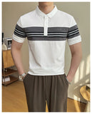 AIDASE  -  Summer New British Slim-Fitting Gray and White Striped Short-Sleeved Polo Shirt Men's T-shirt aidase-shop