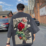 Aidase Washed Rose Print T-shirt Retro Fashion Five-quarter Sleeve Loose Casual Short-sleeved Men's and Women's Tops aidase-shop